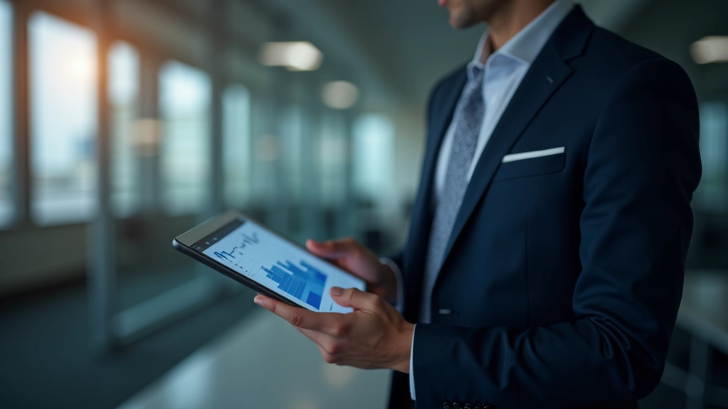 Geschäftsperson in Anzug schaut auf Tablet mit Finanzgraphen und Zahlen