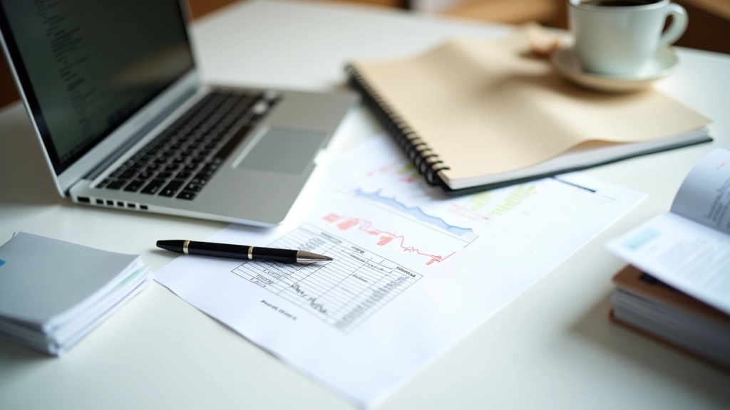 Professioneller Arbeitsplatz mit Laptop, Notizbüchern und Finanzunterlagen